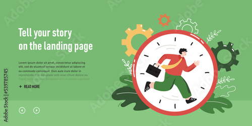 Cartoon person running inside clock dial. Flat vector illustration. Employee with portfolio striving to complete all tasks before deadline. Business, schedule, time management, job concept for design