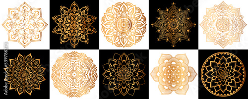 Set of gold zentangle mandalas, Mandala for henna, mehendi, tattoo, Decorative ethnic ornamental elements, Oriental patterns