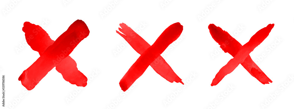 Obraz premium Watercolor cross icon. Grunge cancel icons. Set of red web icons cancel. Vector clipart isolated on white background.