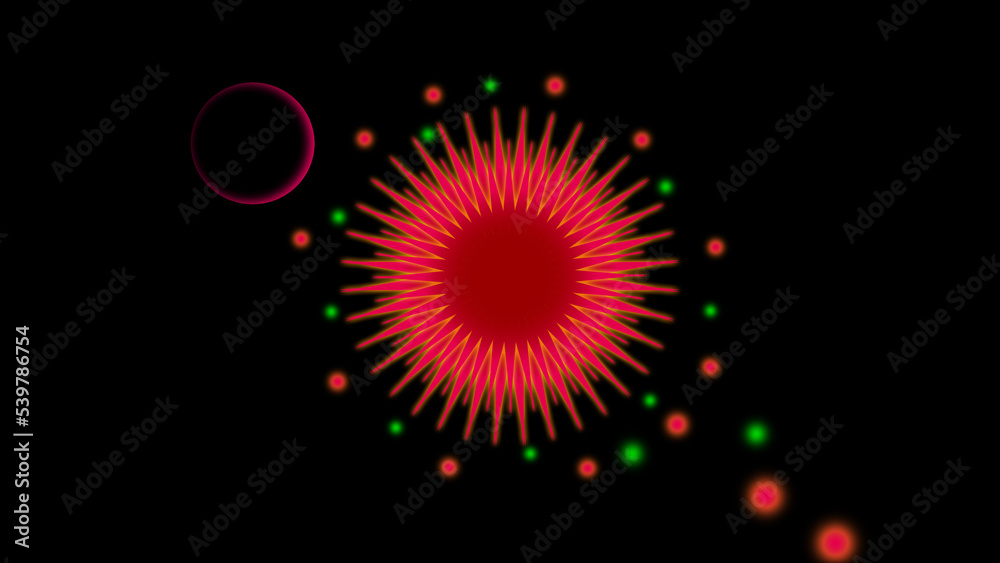 closeup the red orange fire work design with colorful lighting on the black background.