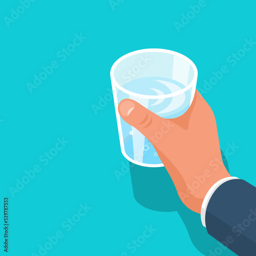 Water in hand. Isometric icon. Hand holding a glass with water. Element for web and printing. Design template. Vector illustration 3d design. Drink water. Quench thirst.
