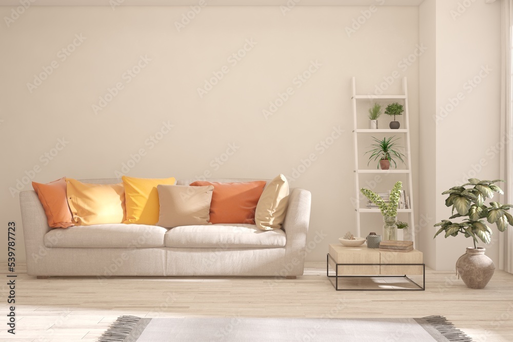 Naklejka premium White living room with sofa. Scandinavian interior design. 3D illustration