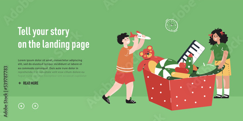 Happy children playing next to giant box with toys. Flat vector illustration. Girls and boy having fun in playroom with to airplane, rabbit, flying saucer. Preschool, playtime, childhood concept