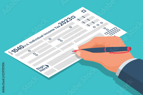 Businessman Fills US Tax Form 2023. Data analysis, paperwork, financial research, report. Businessman calculation tax. Isometric 3d design vector illustration.