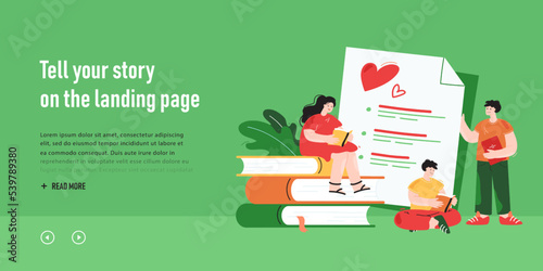 Young readers ranking books flat vector illustration. Tiny male and female people reading textbooks, sitting next to huge list of favorite literature. Award, feedback concept