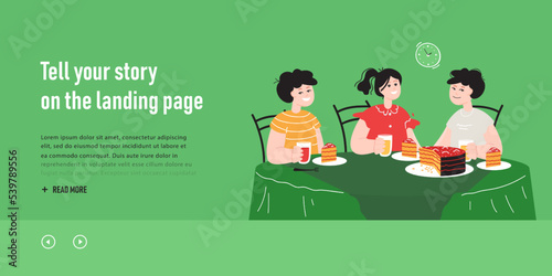 Cartoon children eating cake at table together. Birthday party with friends at home or restaurant, kids having sweet lunch in dining room flat vector illustration. Food, birthday concept for banner