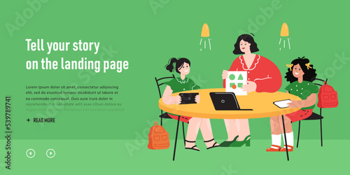 Teacher cartoon character showing picture to group of children. Woman sitting at table in circle with girls and boys holding tablets in classroom flat vector illustration. Education, school concept