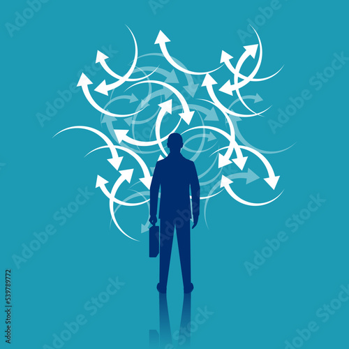 Confused direction. Confusion concept. Vector illustration flat design. Isolated on background. Businessman faces a lot of arrows, road signs. Problem way.
