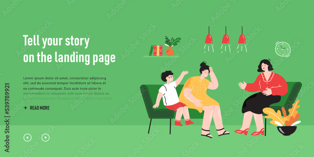 Cartoon mom and kid at family psychologist office. Adult and child sitting on sofa and getting help flat vector illustration. Psychology, therapy concept for banner, website design or landing page