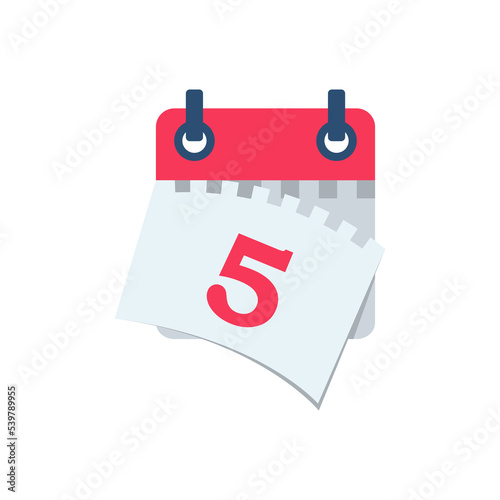 Tear off the calendar sheet. 5 is the date on the calendar. Off date. Deadline concept. Template page. Vector illustration flat design. Isolated on white background.