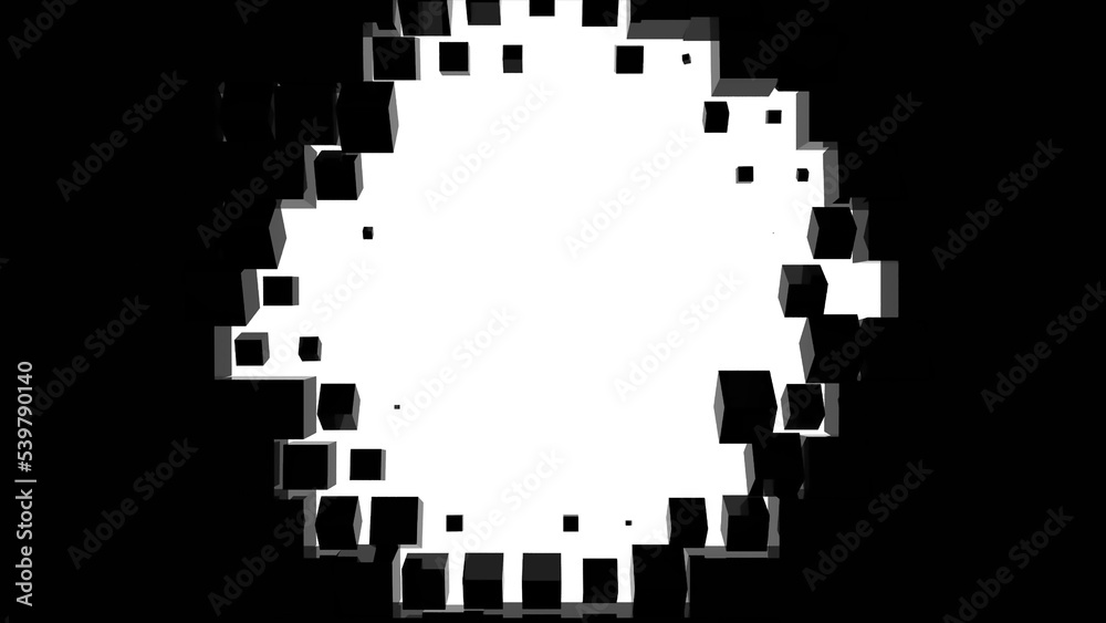 Fototapeta premium Geometric pattern of 3D rendering swiping black cubes isolated on white background. White round frame place. Computer graphics of flying blocks with round white frame place in middle. High tech