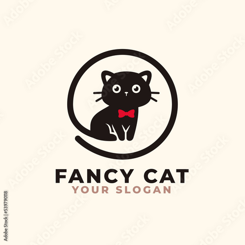 Fancy cute cat logo with bow tie. Cat logo. Pet shop logo.