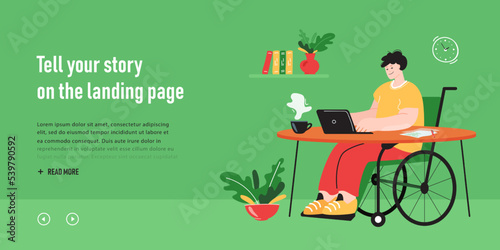 Male invalid in wheelchair working from home. Disabled man using computer for remote work, cozy workplace flat vector illustration. Accessibility, freelance concept for website design or landing page