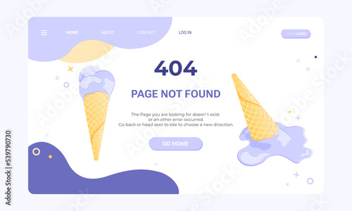 Page not found banner template. Web page with 404 error. Flat illustration of ice cream melting and spilling from the waffle cone for design template of fail and error	