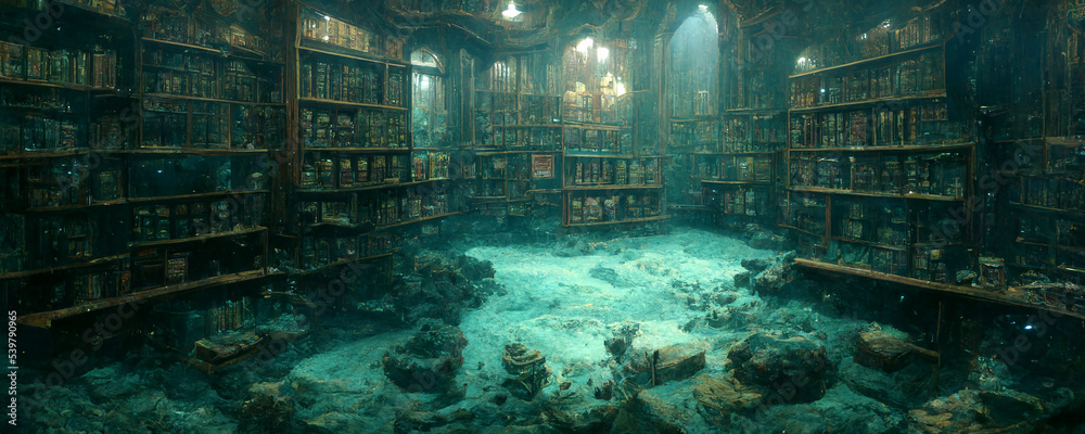 Naklejka premium fantasy underwater deep ocean mysterious antiquity library background, 3d digital art style,
