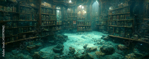 fantasy underwater deep ocean mysterious antiquity library background, 3d digital art style,