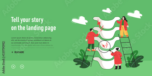 Tiny chiropractors examining spine of patient. Chronic back pain treatment, doctors making diagnosis flat vector illustration. Health, anatomy, osteopathy concept for banner or landing web page
