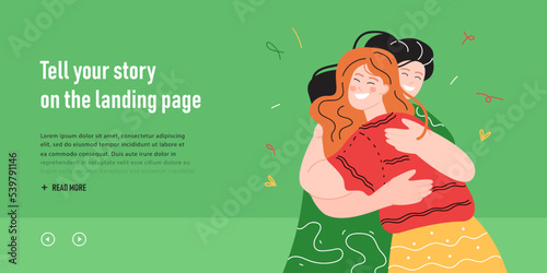 Two female best friends hugging together. Happy women hugs, support and love when meeting, cute girls greeting and embracing with smiles flat vector illustration. Happy friendship day concept