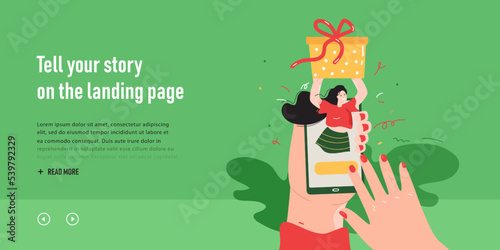 Hands of person sending present to friend through phone app. Happy woman holding gift box flat vector illustration. Delivery service, ecommerce concept for banner, website design or landing web page