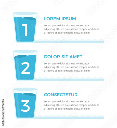 Three glasses with water with numbers and place for your text, water infographics