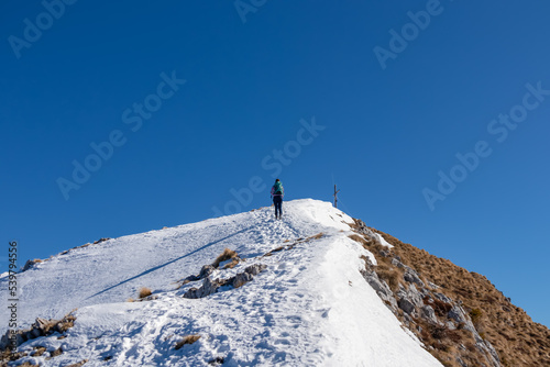 Woman on a snow shoe track leading to mountain summit Freiberg near Zell Pfarre (Sele), Austrian Alps, Carinthia (Kaernten), Austria, Europe. Winter wonderland on sunny day in Karawanks, Julian Alps photo