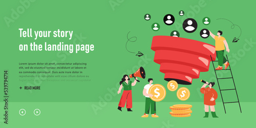 SMM team generating money, using sales funnel. Tiny people attracting audience of new followers for growth benefits flat vector illustration. Strategy of monetization, social media marketing concept
