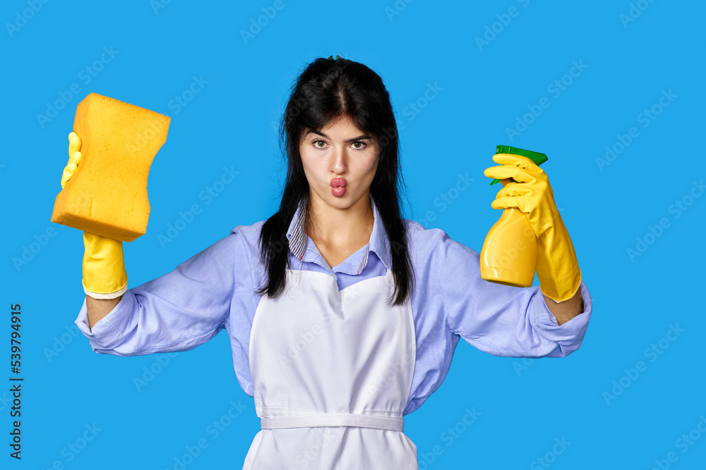 woman gloves and cleaner apron with sponge and detergent sprayer