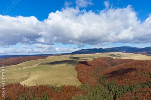 Landscape with forests and fields in autumn seen from above