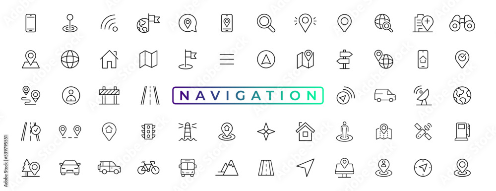 Navigation, location, GPS elements - thin line web icon set. Outline icons collection. Simple vector illustration.