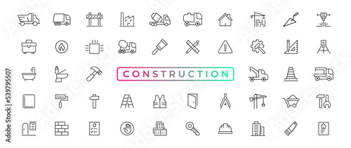 Construction line icons set. Home repair tools outline icons collection. Construction tools, builders and equipment symbols. Builder, crane, engineering, equipment, helmet, tool, house - stock vector.