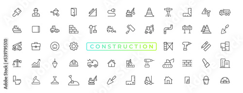 Construction line icons set. Home repair tools outline icons collection. Construction tools, builders and equipment symbols. Builder, crane, engineering, equipment, helmet, tool, house - stock vector.