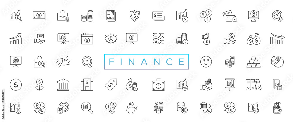 Finance line icons set. Money payments elements outline icons collection. Payments elements symbols. Currency, money, bank, cryptocurrency, check, wallet, piggy, balance, safe