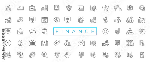 Finance line icons set. Money payments elements outline icons collection. Payments elements symbols. Currency, money, bank, cryptocurrency, check, wallet, piggy, balance, safe