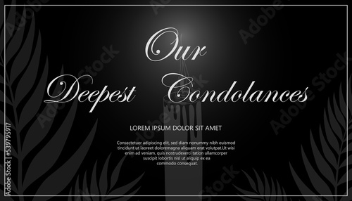 Condolences card template. Text, branches, candle. Horizontal banner. Vector illustration on the black background.
