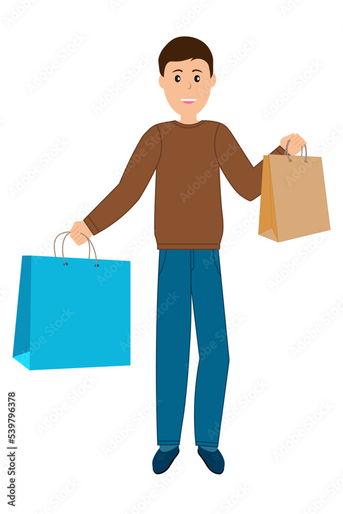 Happy Stylish shopper guy after sale holding shopping bags with purchases in hands, Flat vector illustration isolated on white background Happy Stylish shopper guy after sale holding shopping bags with purchases in hands, Flat vector illustration isolated on white background