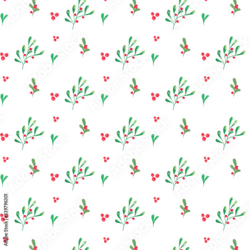 watercolor christmas plants seamless pattern , white background. Surface design for textile, fabric, wallpaper, wrapping, giftwrap, paper, 