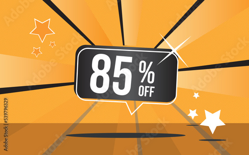 85 percent off. Yellow banner with floating balloon for promotions and offers.
