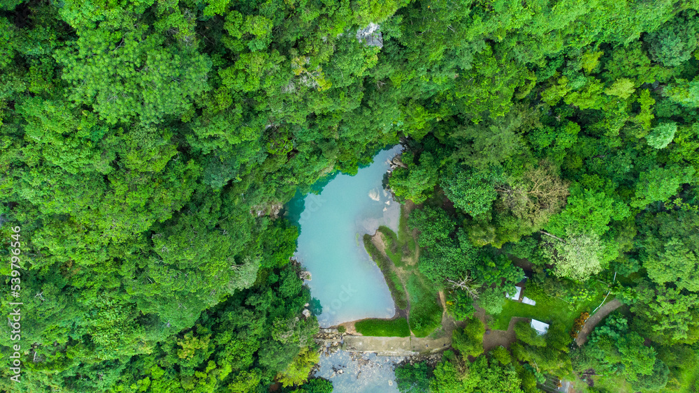 Aerial view of Pucok Krueng tourist attraction, the lake water is green tosca