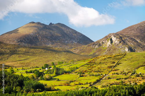 The Mourne Mountains, County Down, Northern Ireland. South over the Trassey Valley, Spellack and Hares Gap to Slieve Bearnagh