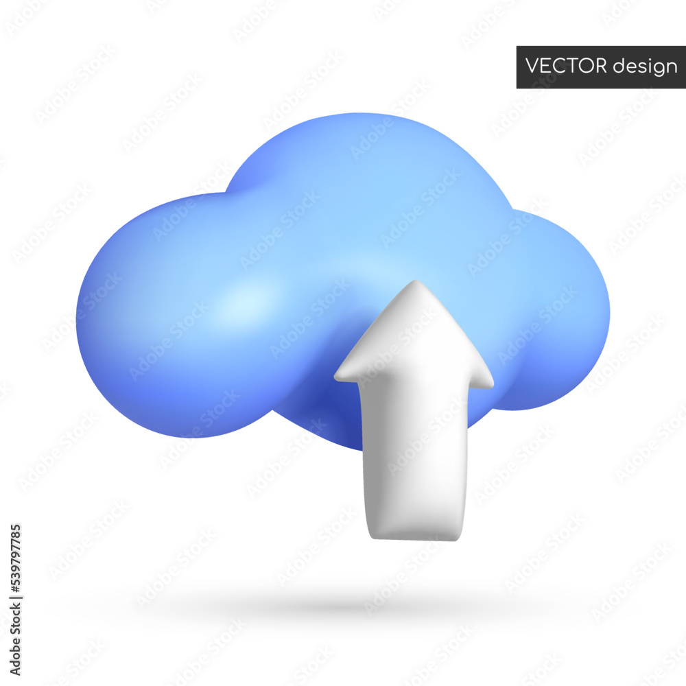 Vector 3d icon isolated on white background. Uploading information from the cloud service. Blue cloud with white arrow. Vector illustration for postcard, banner, web, design, arts. Vector 3d icon isolated on white background. Uploading information from the cloud service. Blue cloud with white arrow. Vector illustration for postcard, banner, web, design, arts.