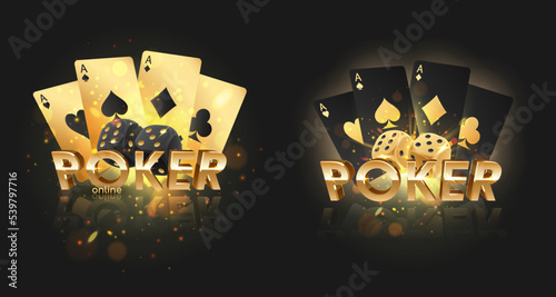 Set of golden letterings Poker with black and gold dices, playing cards on black background with golden lights, sparkles and bokeh. Vector illustration for casino, game design, advertising