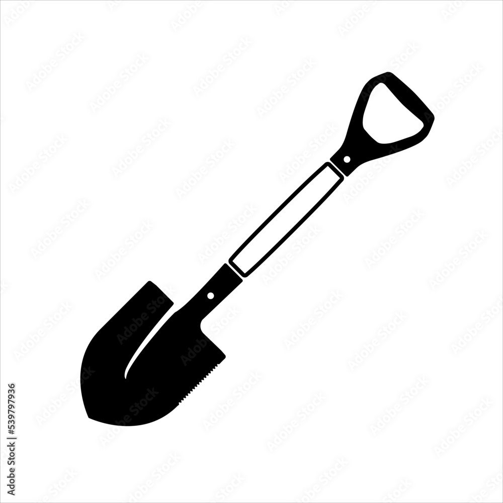 Black shovel icon. Gardening equipment vector illustration. Camping equipment flat symbol. Black shovel icon. Gardening equipment vector illustration. Camping equipment flat symbol.
