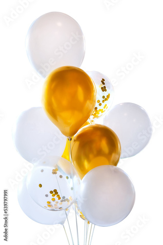 White and golden yellow balloons on a transparent background. Bunch of balloons isolate. Celebration party design with white and yellow balloons.