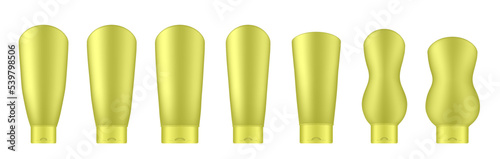 Set of yellow cosmetic tubes. Realistic mockup. Korean packaging. Lotion or shower gel. Conditioner or hair mask	