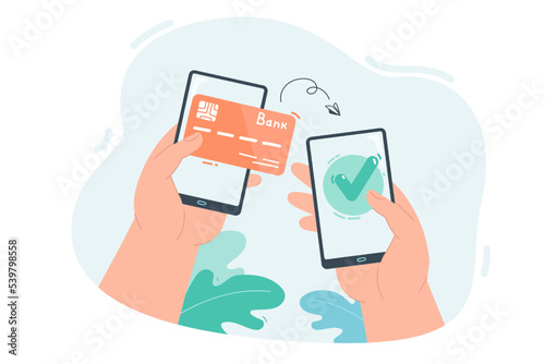 Person holding mobile phone and transferring money. Man paying by electronic wallet on cellphone, using online banking service flat vector illustration. Online payment, money transaction concept