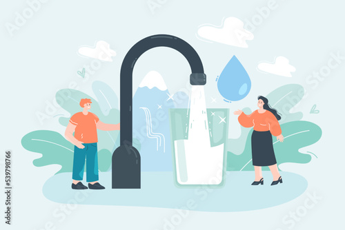 Tiny people with huge glass of clean potable water. Fresh pure mineral water from mountains, safe for drinking flat vector illustration. Environment, nature concept for banner or landing web page
