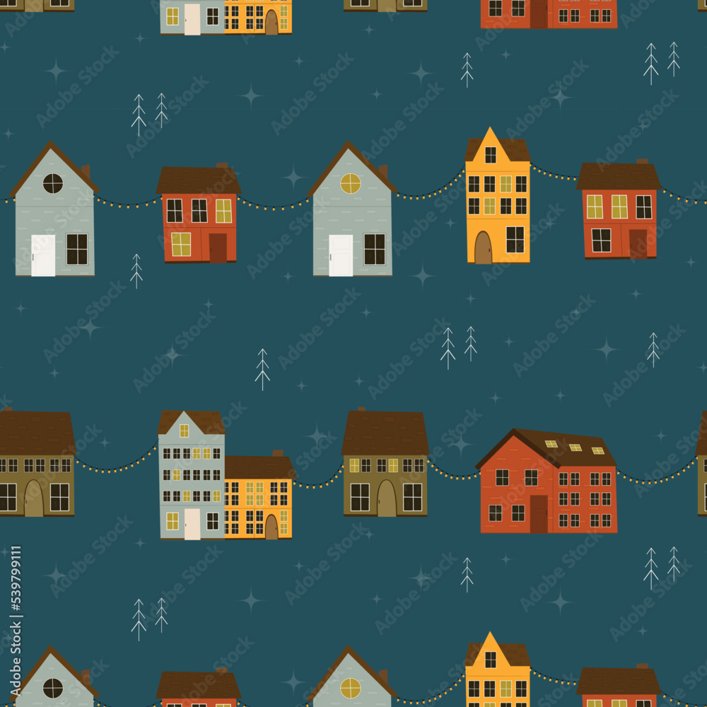 Winter pattern with colourful scandinavian houses, christmas trees and stars on a dark background