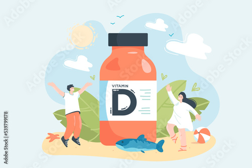 Tiny persons with huge bottle of vitamin D. Sun, people with nutrients or supplements against deficiency for healthy skin and wellbeing flat vector illustration. Health, care, food concept for banner