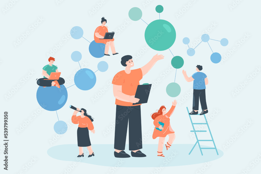 Teacher conducting laboratory studies flat vector illustration. Tiny kids looking at atoms and molecules, learning algorithms. Technology, science, intelligence concept Teacher conducting laboratory studies flat vector illustration. Tiny kids looking at atoms and molecules, learning algorithms. Technology, science, intelligence concept