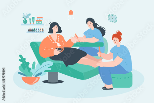 Woman doing pedicure and manicure in beauty salon. Girl sitting in armchair and drinking tea or coffee, taking care of herself flat vector illustration. Spa, beauty, fashion concept